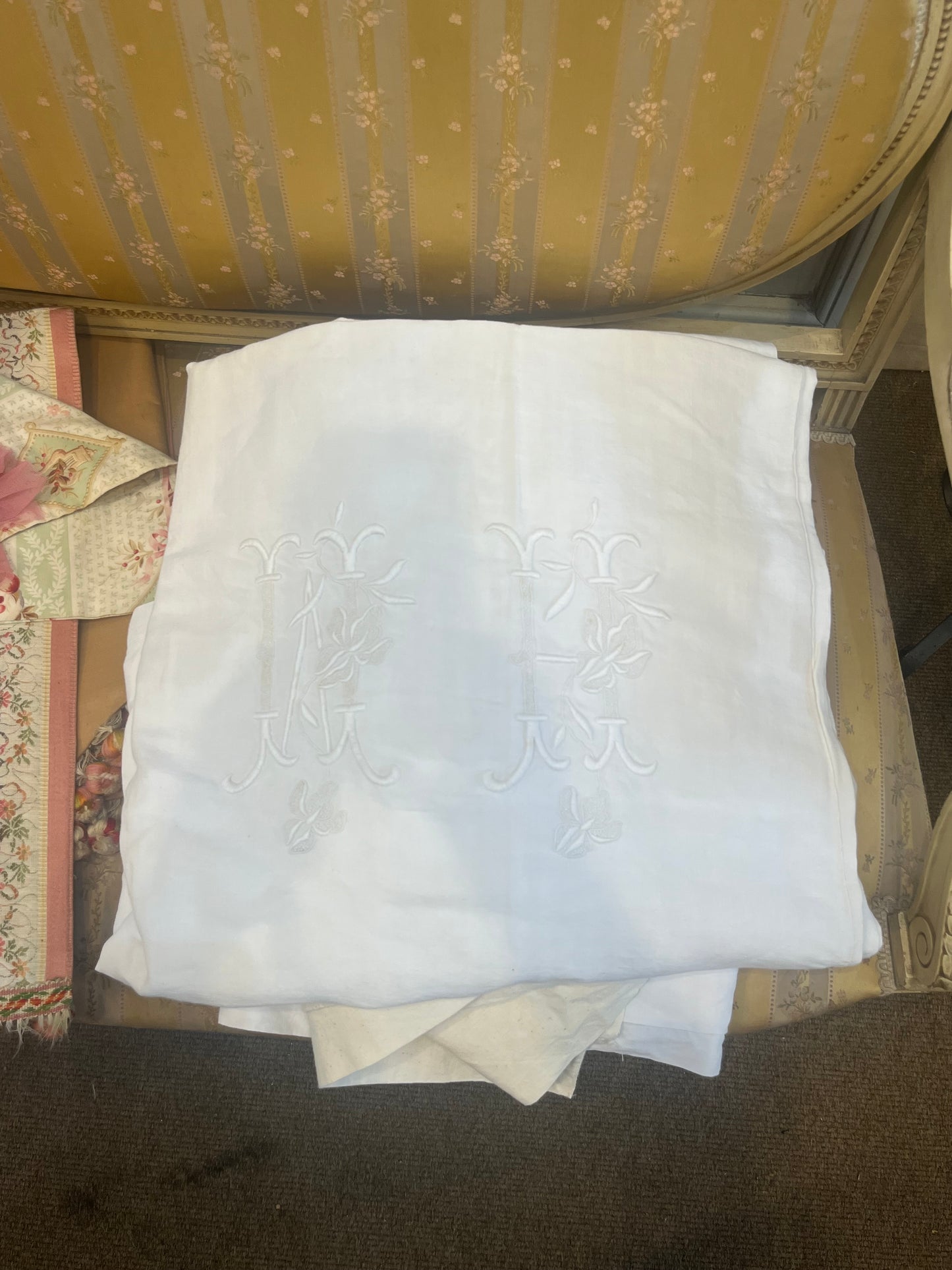 French antique monogram and hand embroidered sheet (cotton)