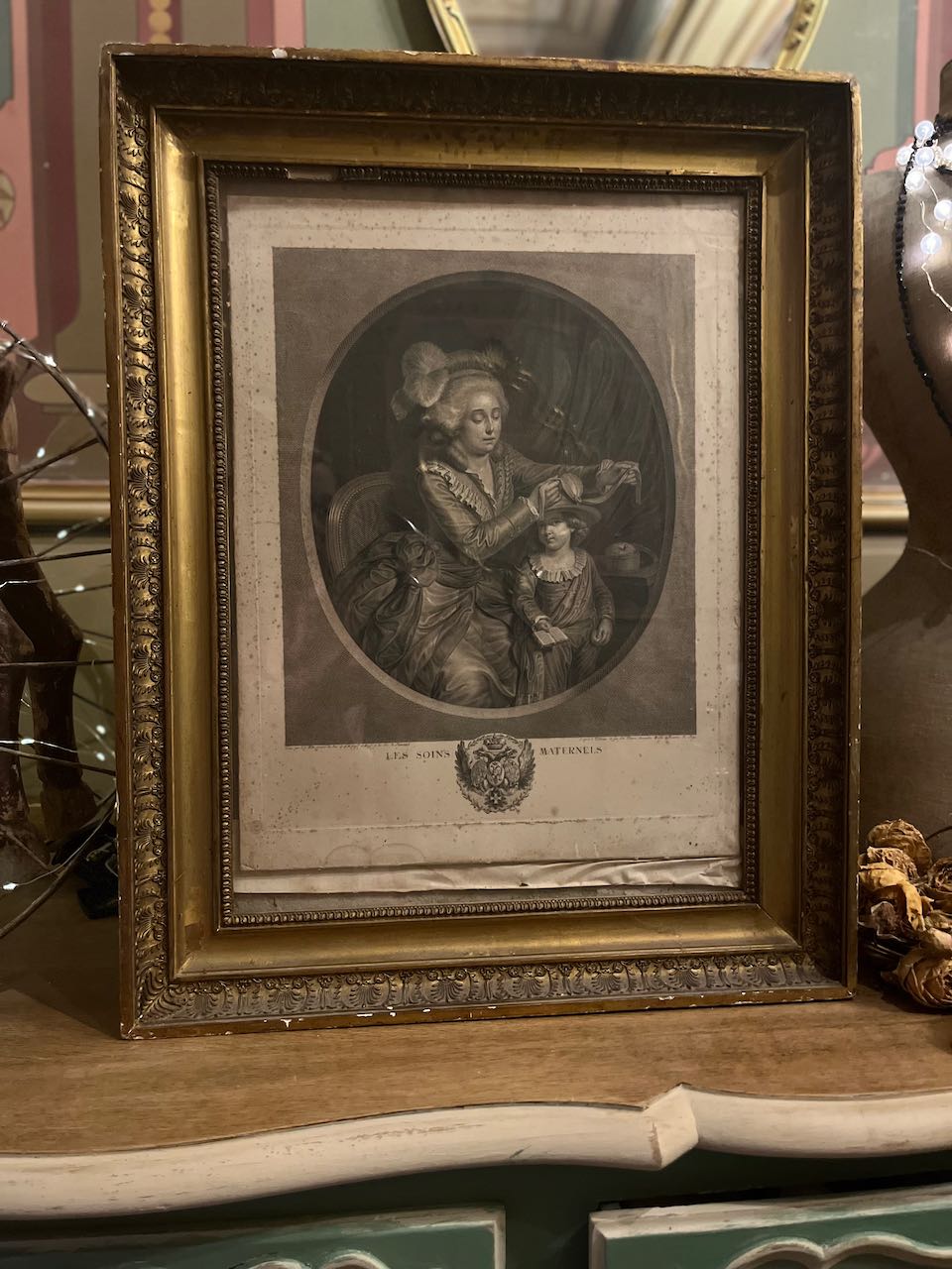 Fa4785 French antique lithograph of mother and son with ornate frame