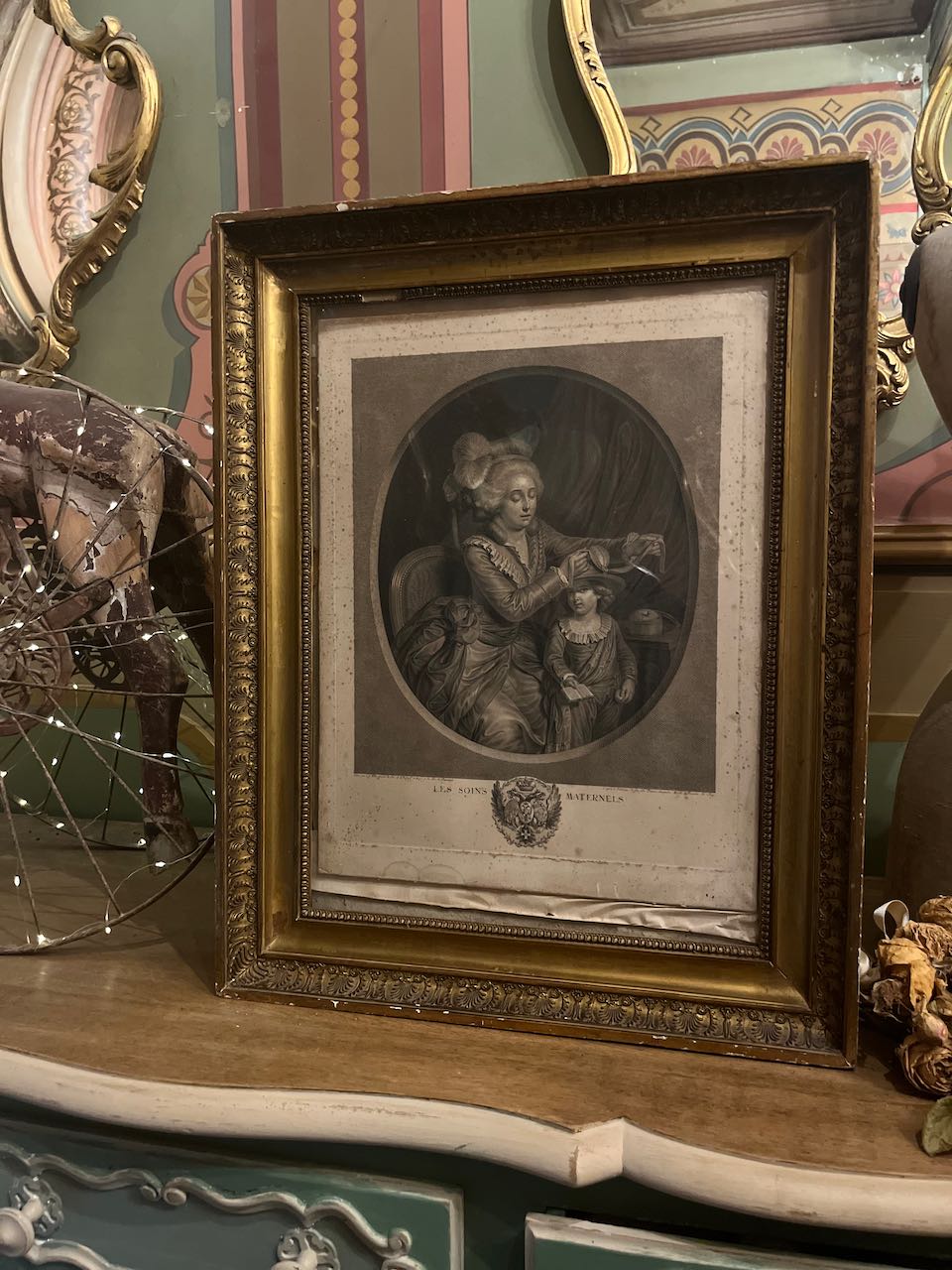 Fa4785 French antique lithograph of mother and son with ornate frame