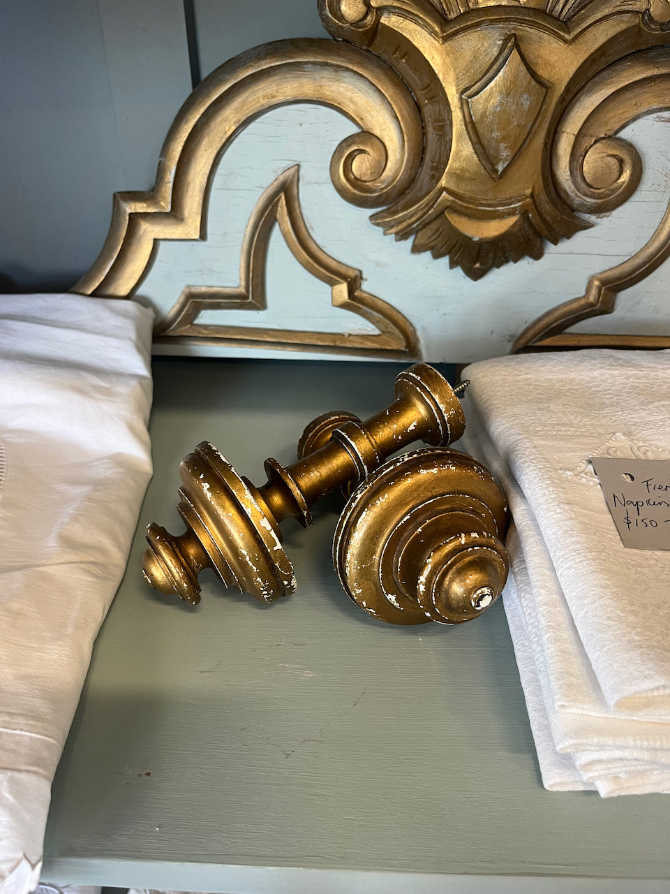 Pair French vintage wooden Chateau curtain rests