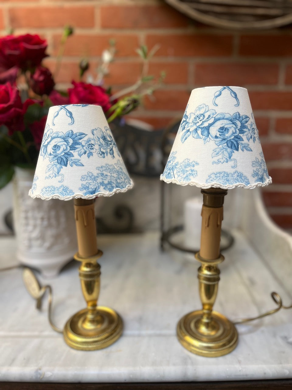 fa557 A pair of small french vintage bedside brass lampstands, rewired