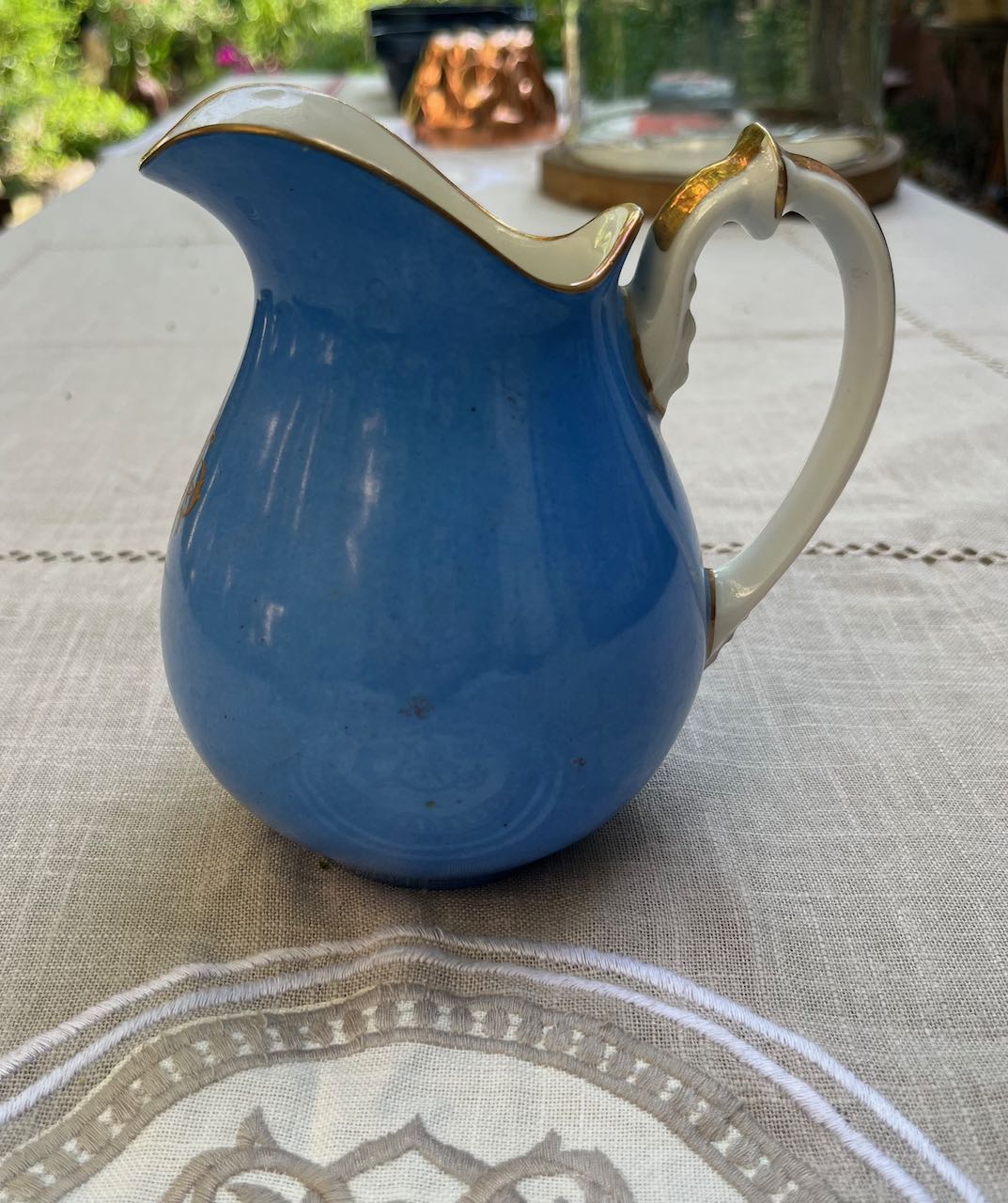 fa503 Small blue french antique ceramic jug with gold crest
