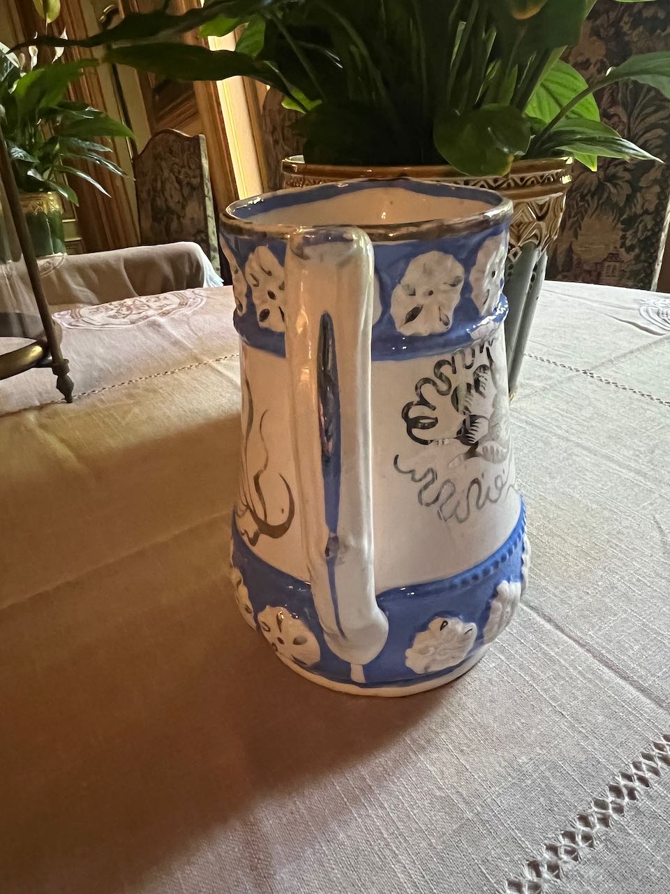 fa608 Gorgeous Milk jug with blue and white decoration and silver detail ( med)