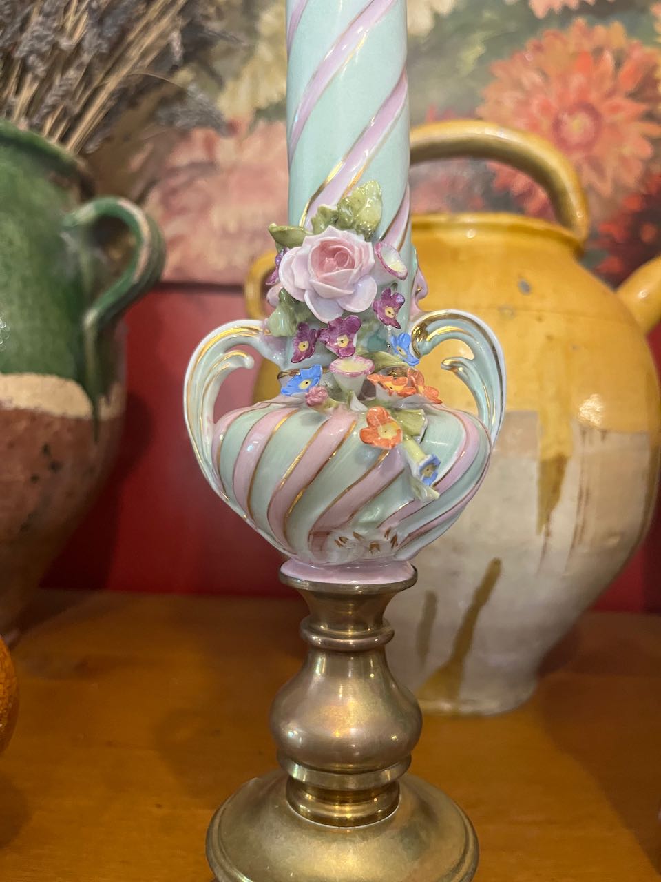 fa699 French antique candy cane lampstand with handmade flowers