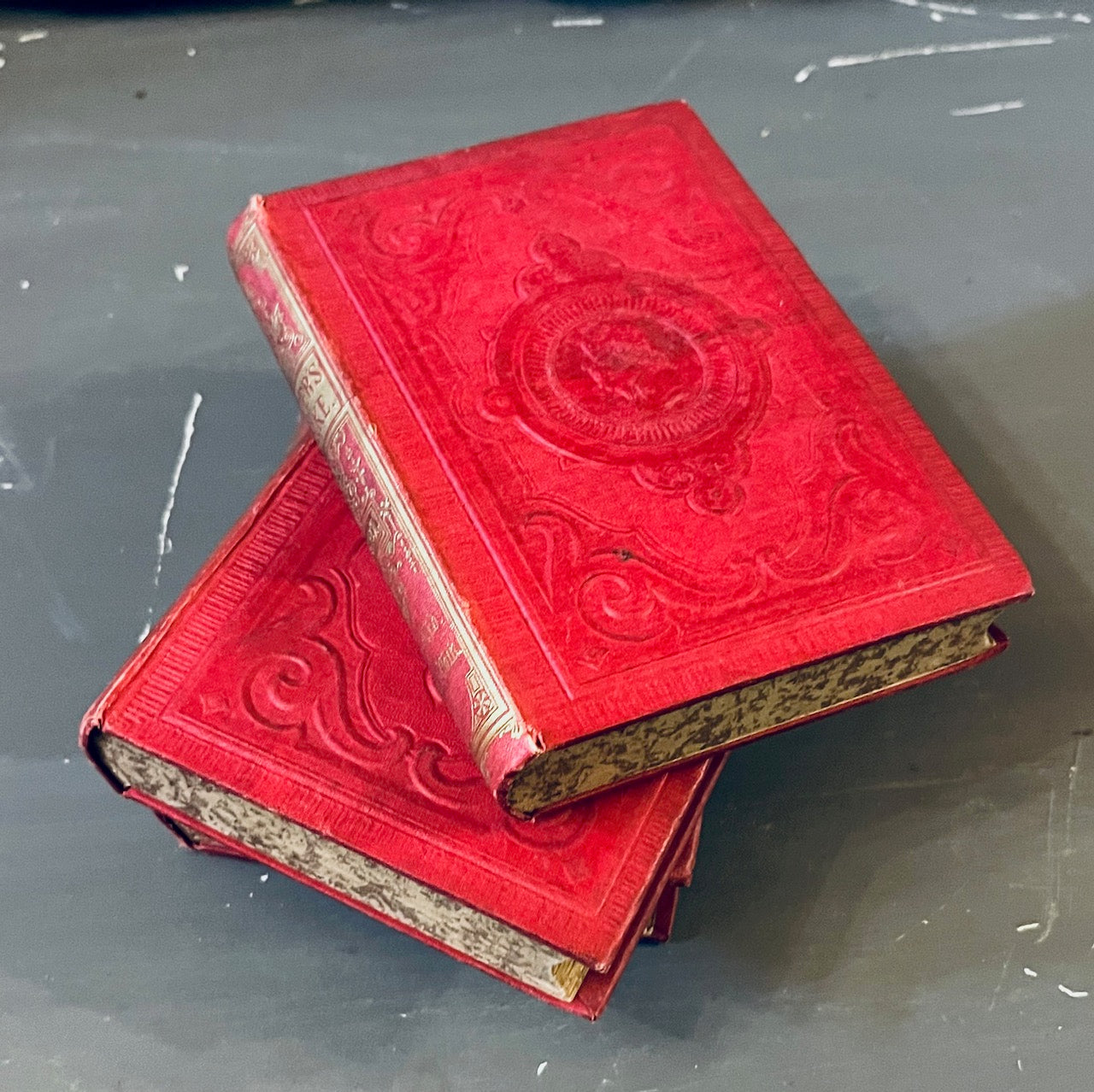 fa4513 Red bound French vintage book, embossed