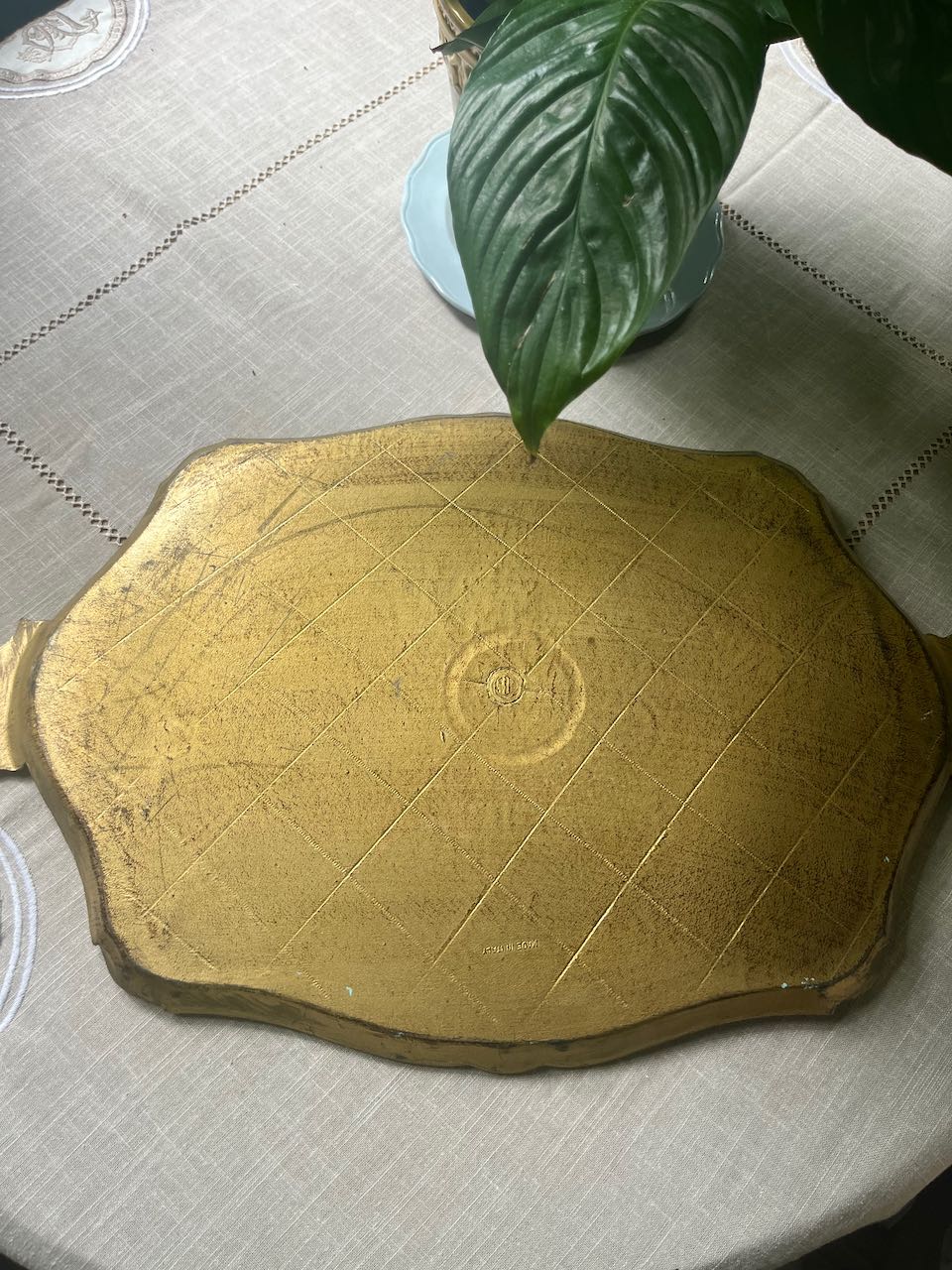 fa748 large Italian vintage tray, powder blue and gold