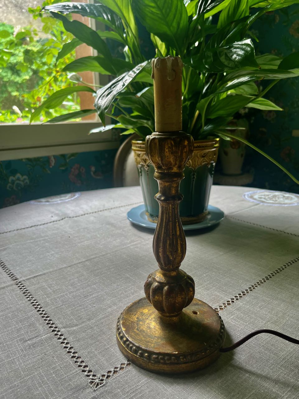 fa746 Wooden Antique Italian lampbase, wired