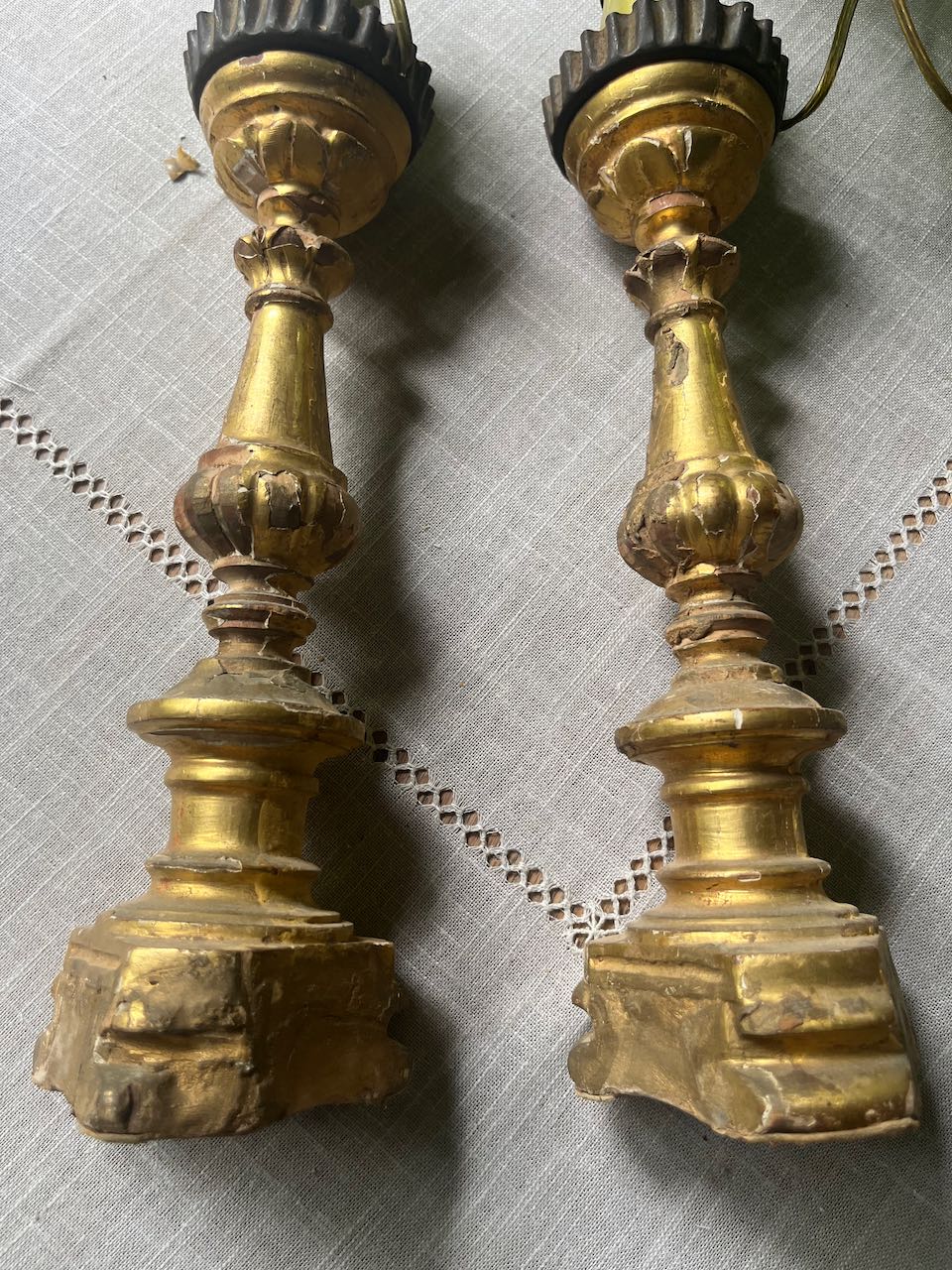 fa747 Wooden Antique pair Italian lampbases, wired