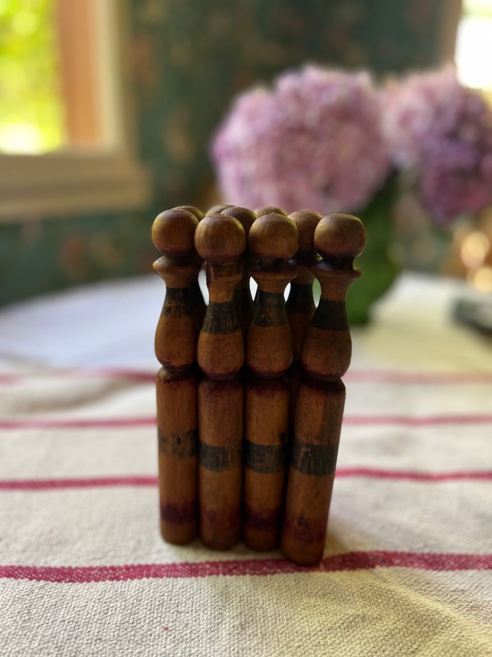 fa775 Set of french antique childrens skittles.