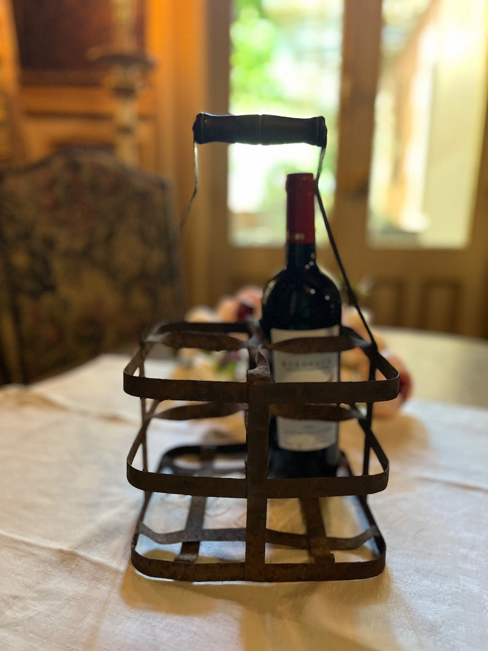 fa812 French Vintage bottle holder with wooden handle