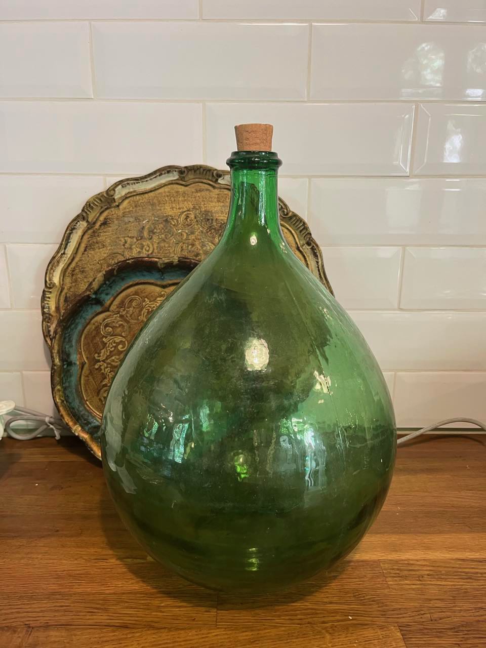 fa4661 Large green French Antique wine carrier bottle, 'Demijohn'