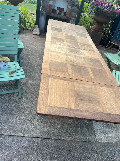 fa4891 Parquetry topped French oak extendable table