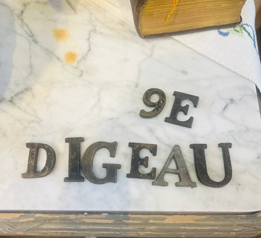 Lovely small french metal and enamel letters (each)
