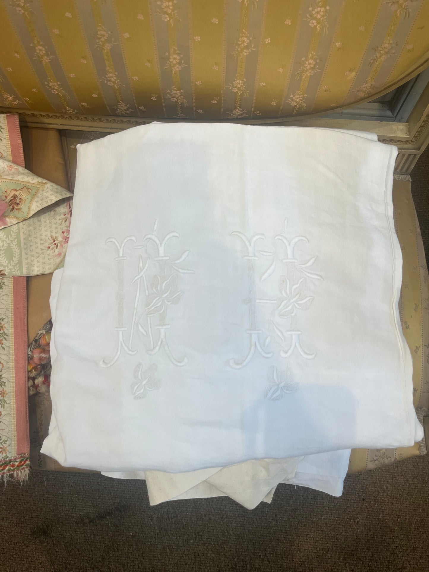French antique monogram and hand embroidered sheet (cotton)