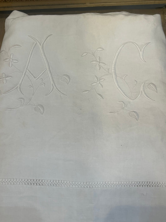 French antique monogram and hand embroidered sheet (linen)