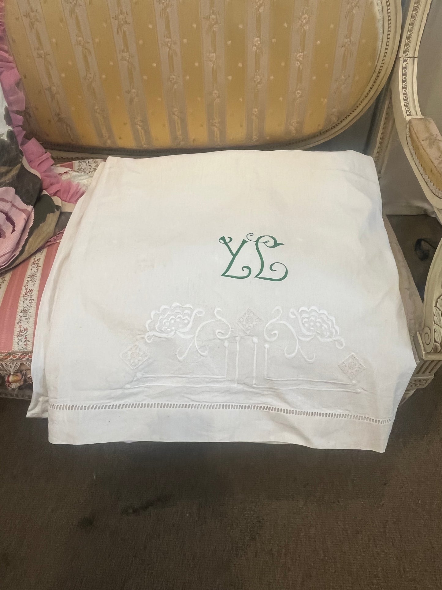 French antique monogram and hand embroidered sheet (cotton)