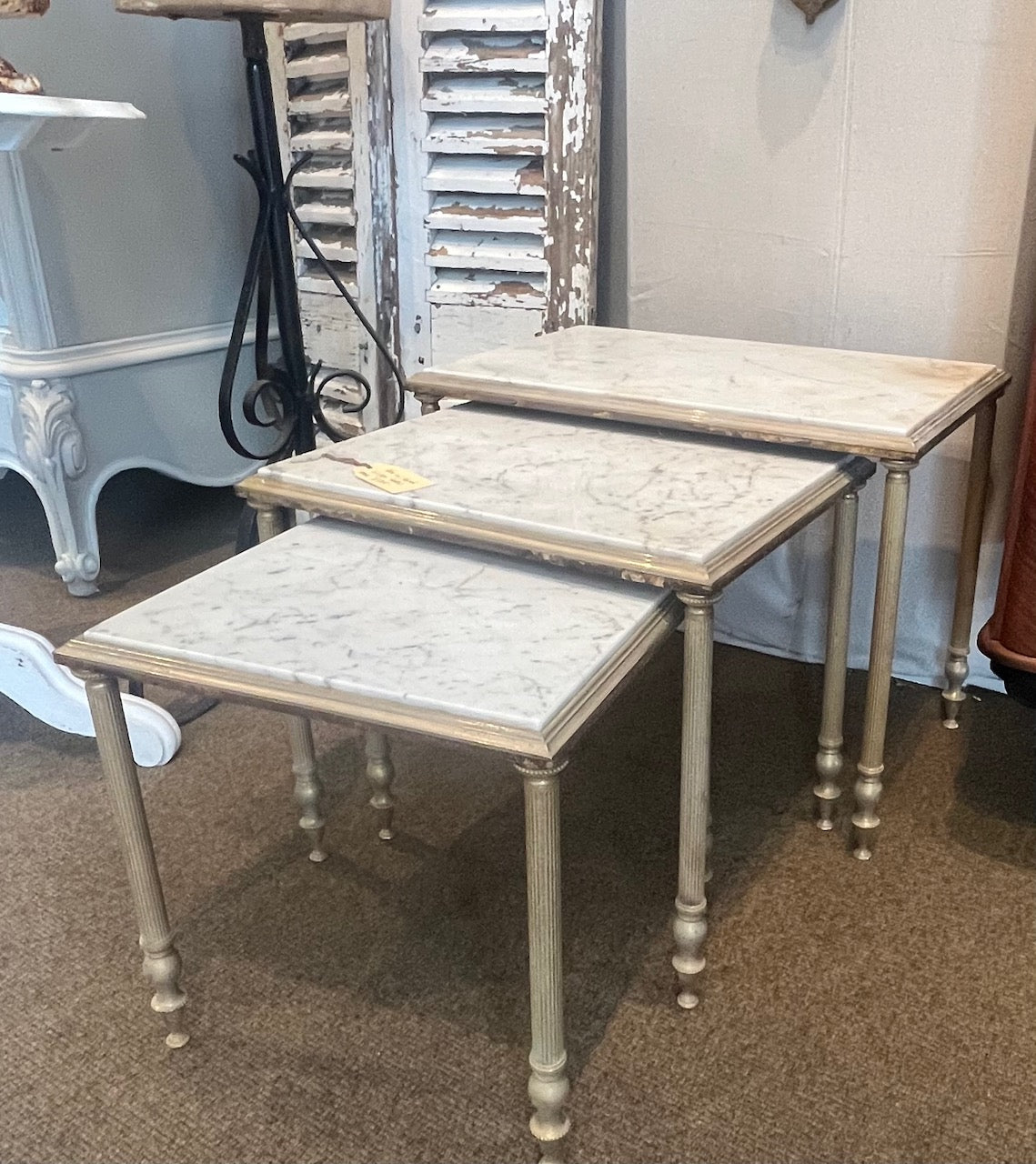 fa888 Nest of marble and metal french vintage side tables