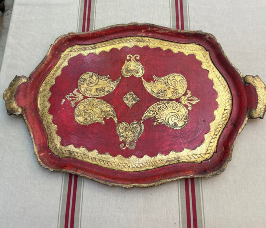 fa647 Italian vintage red and gold tray, resin
