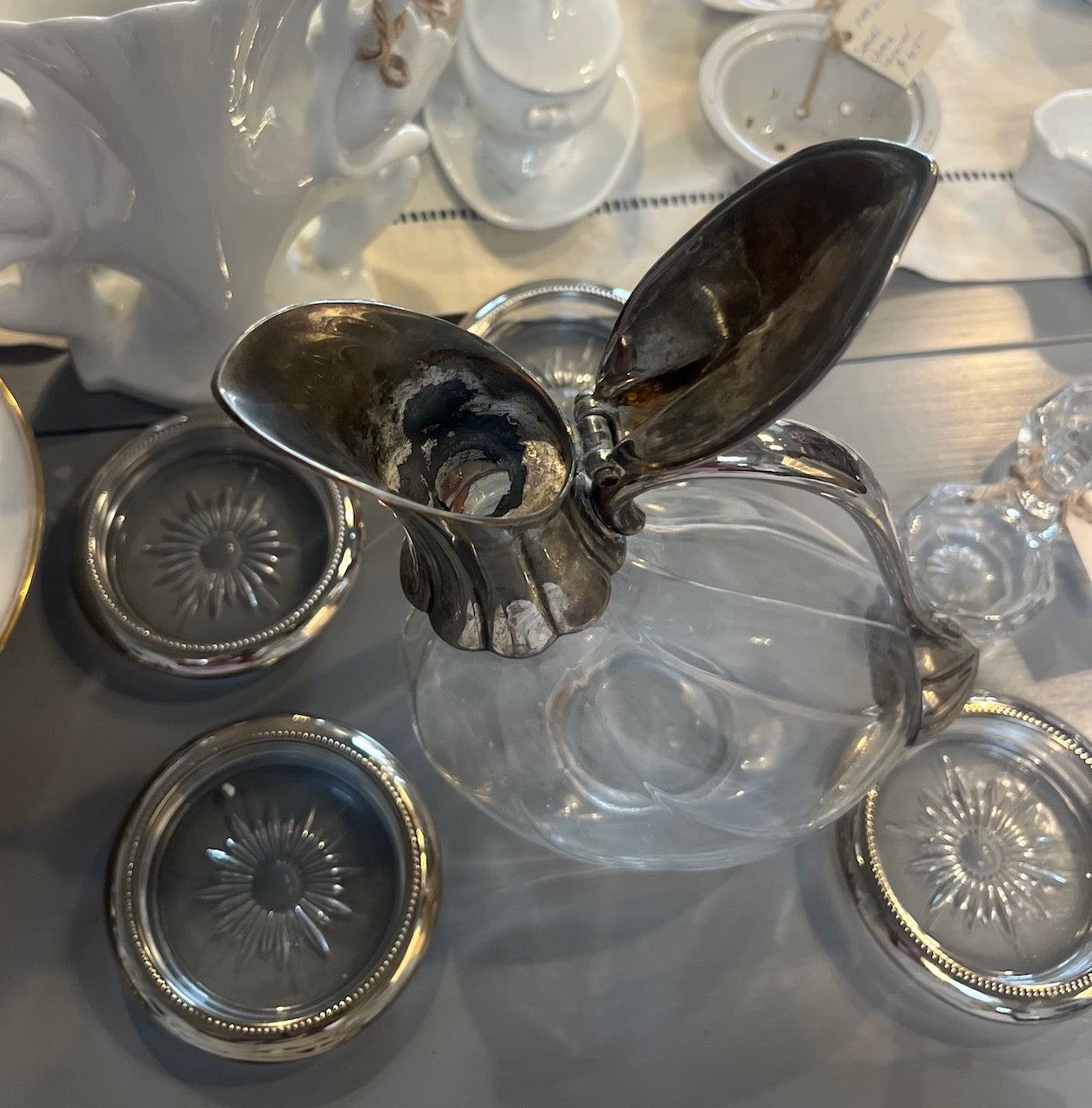 Fa800 Vintage Crystal duck shaped decanter with silver plate edging