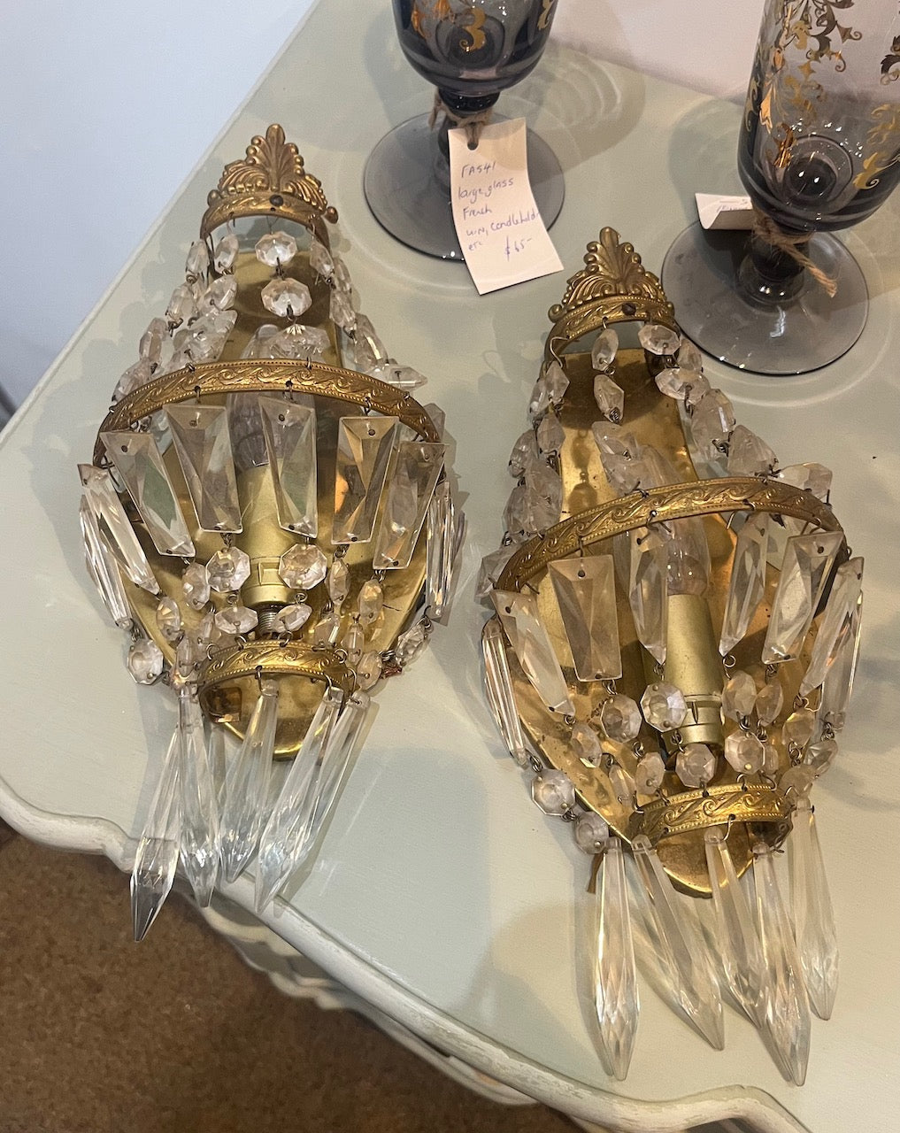 Fa983 Little Gold and glass drop Vintage french sconces.Pair