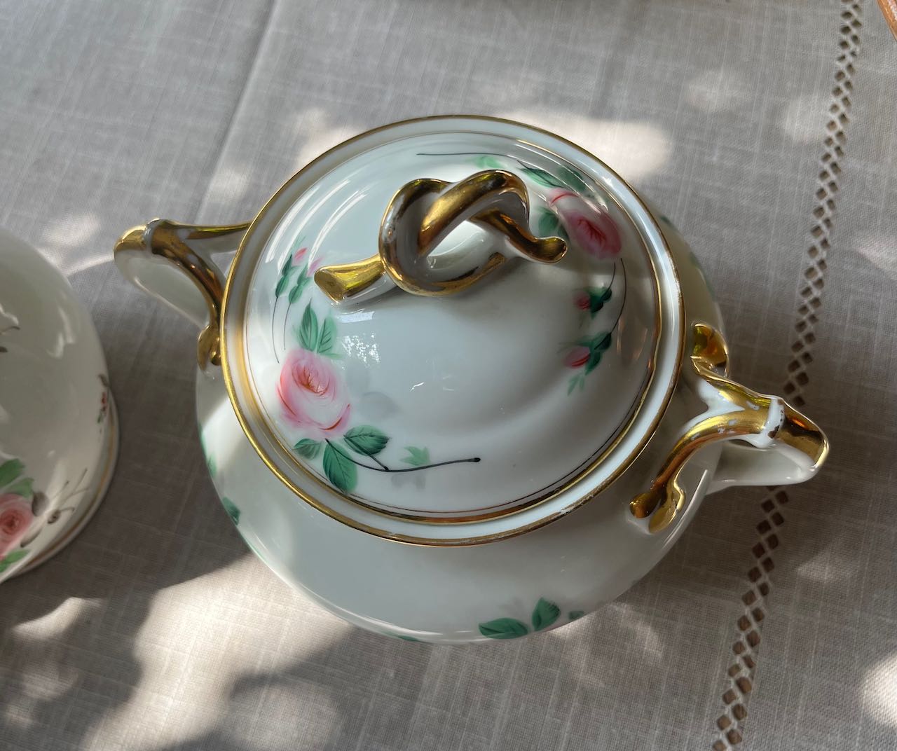 fa675 Set of 2 french antique porcelaine floral handpainted, sugar, jug