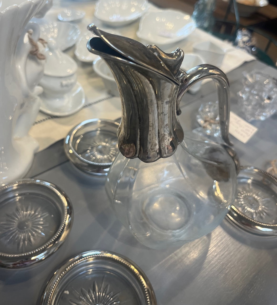 Fa800 Vintage Crystal duck shaped decanter with silver plate edging