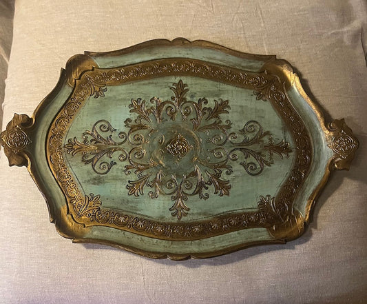 fa748 large Italian vintage tray, powder blue and gold