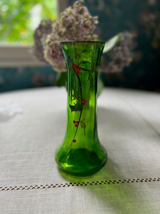 fa819 Green glass French vintage vase with painted floral design