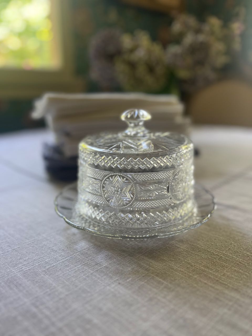 fa855 Small French glass cheese, butter cover and plate