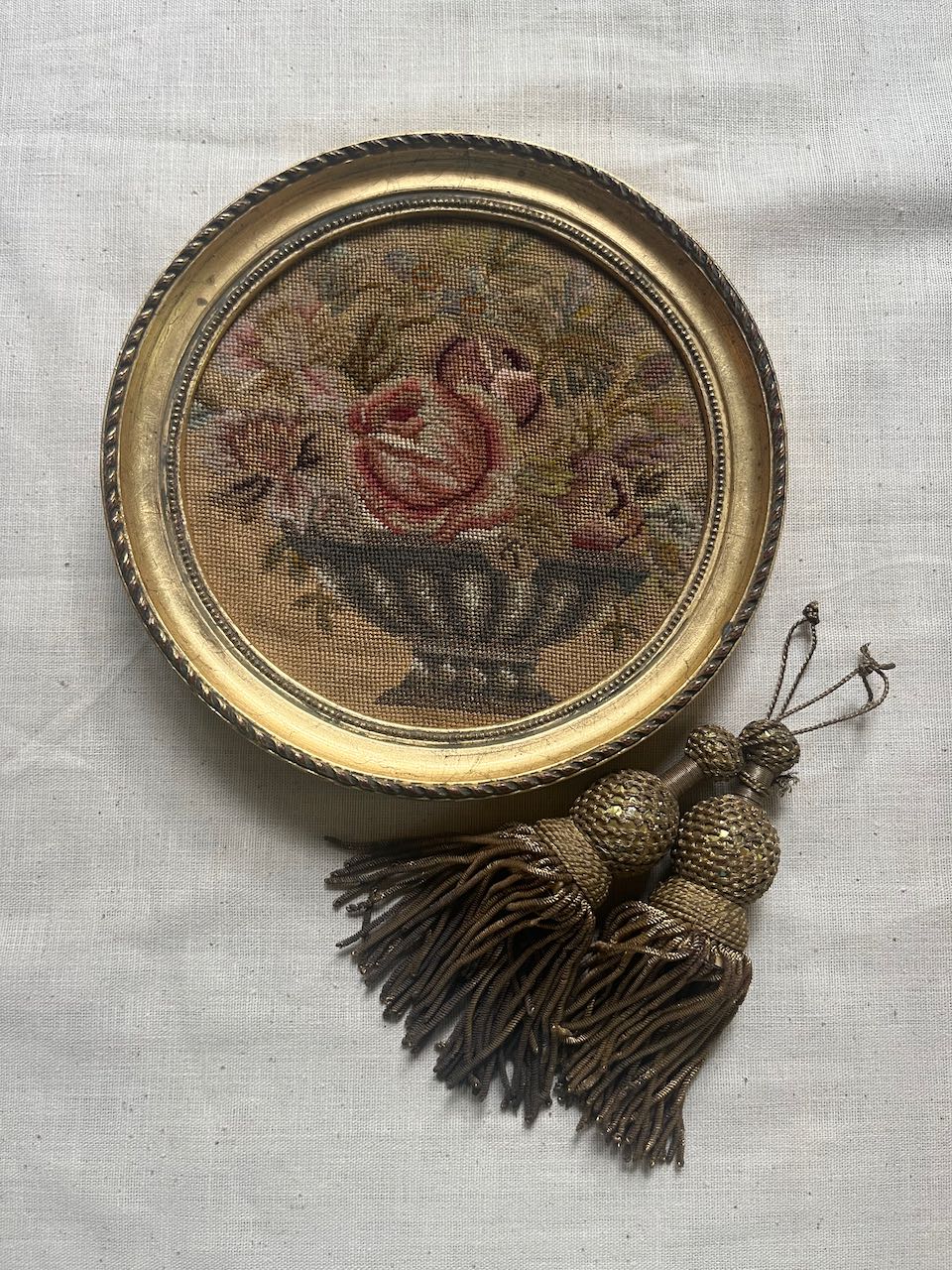 fa899 Small French antique tapestry in a gold frame