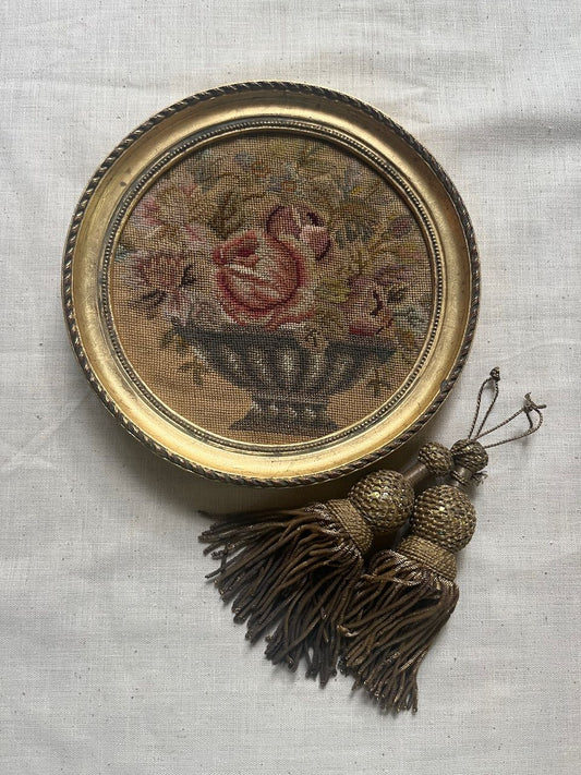 fa899 Small French antique tapestry in a gold frame