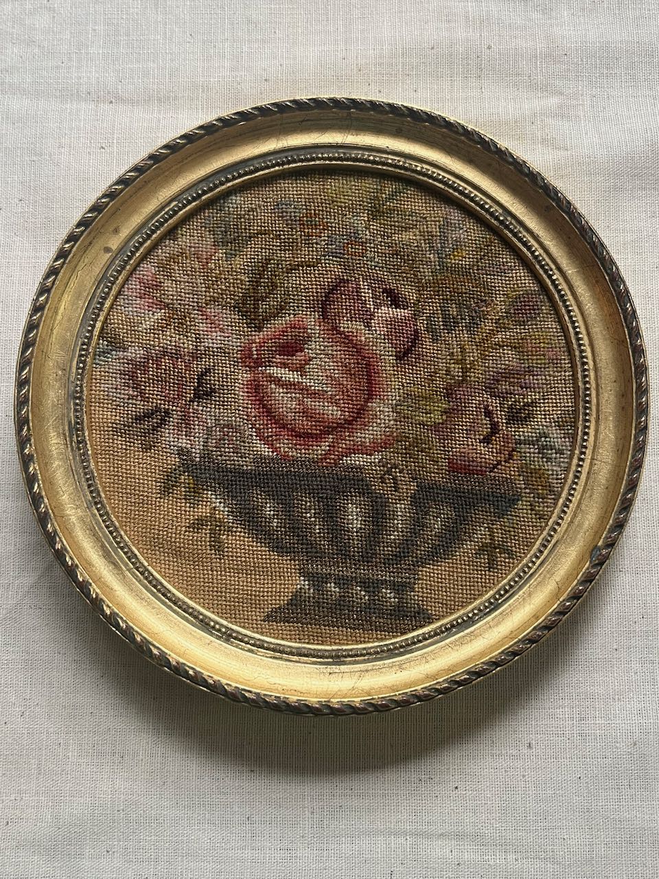 fa899 Small French antique tapestry in a gold frame