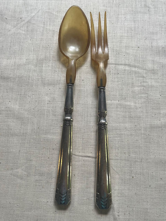 fa891 Pair of silver plated and resin salad servers 1920's