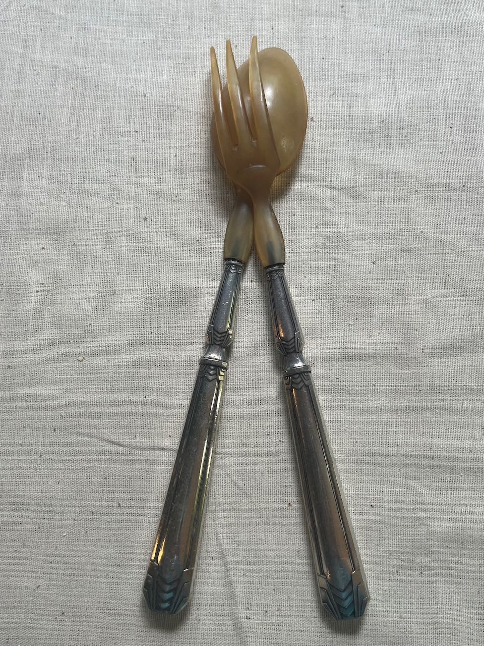 fa891 Pair of silver plated and resin salad servers 1920's