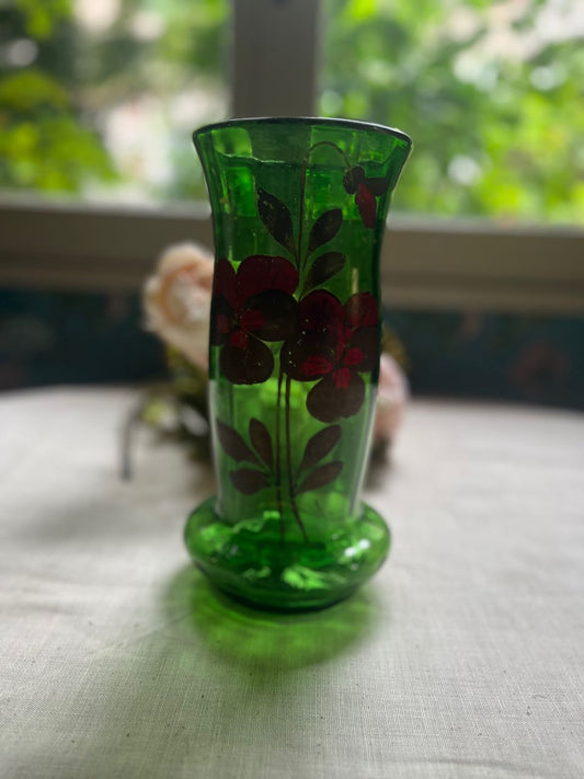 fa853 Green Glass han painted French vase