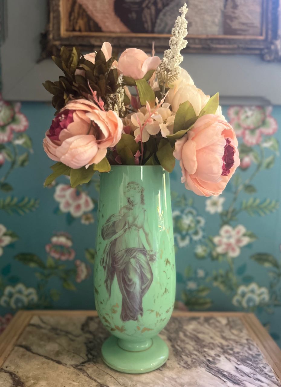 fa961 Green Opaline  French antique vase