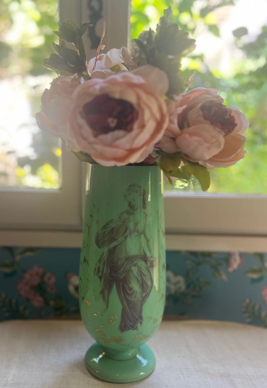 fa961 Green Opaline  French antique vase