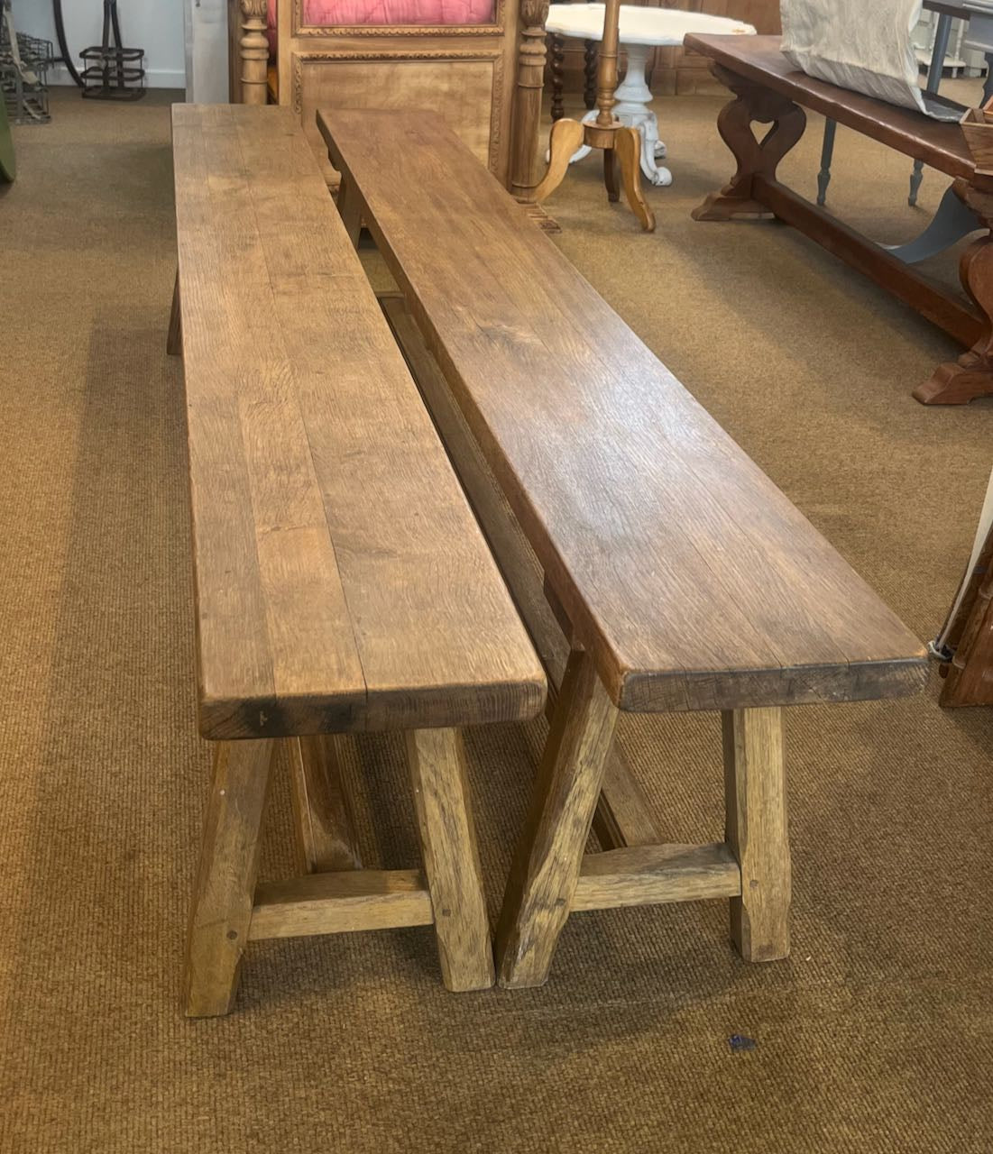 (Pair) Vintage French oak Bench seats