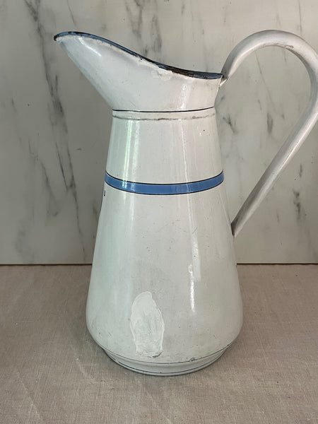 fa4126 white french vintage enamel jug with blue detail