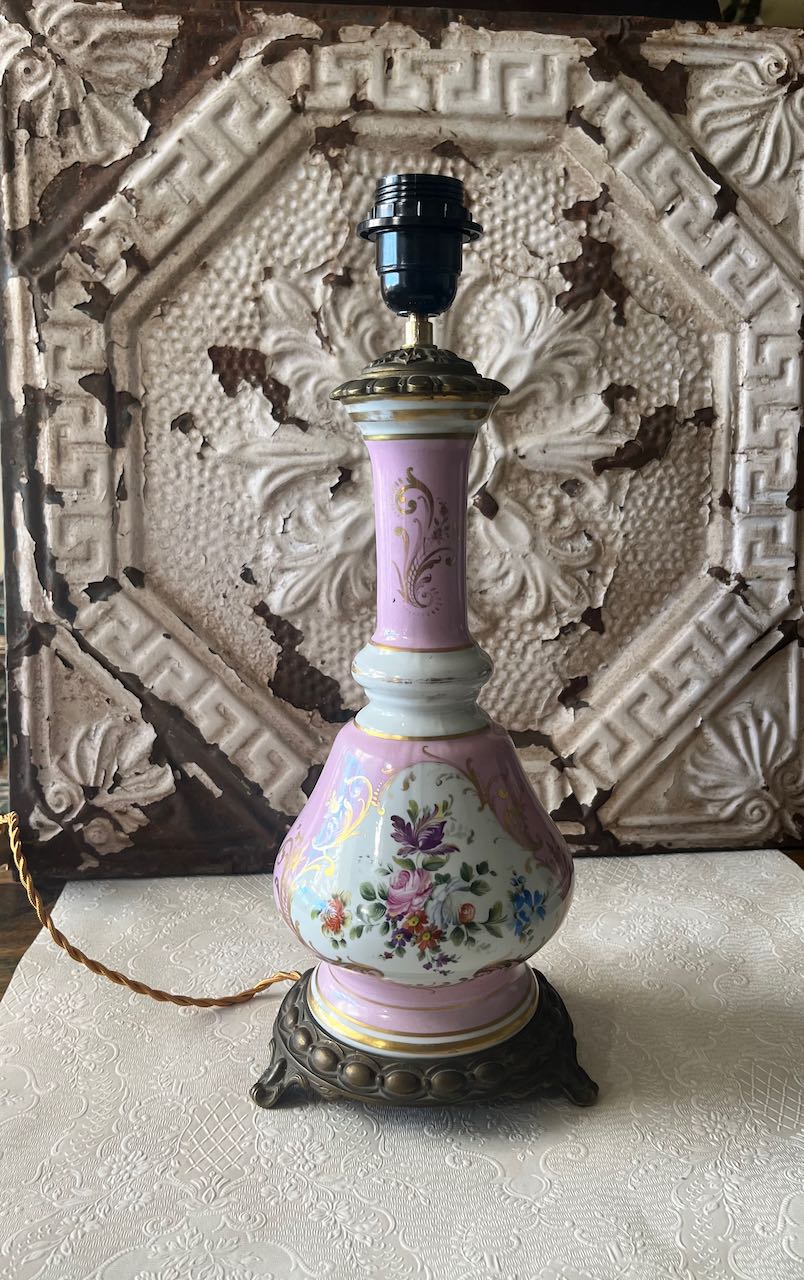Beautiful French antique hand painted Lamp base, possibly limoge