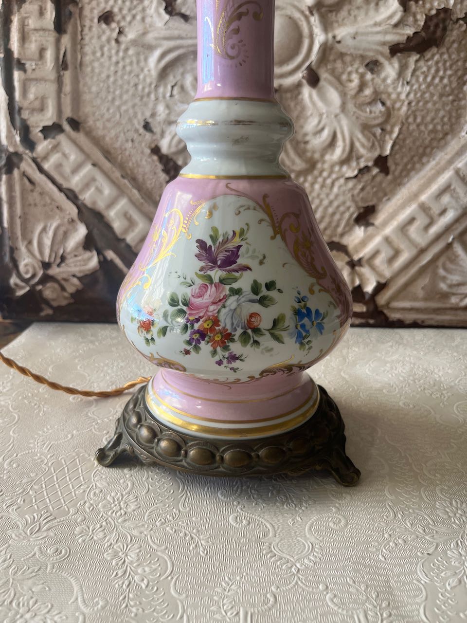 Beautiful French antique hand painted Lamp base, possibly limoge