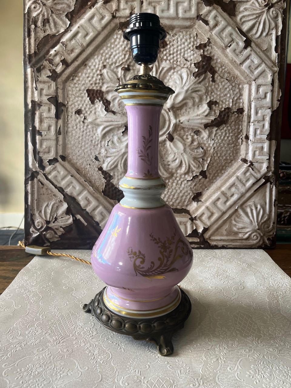 Beautiful French antique hand painted Lamp base, possibly limoge