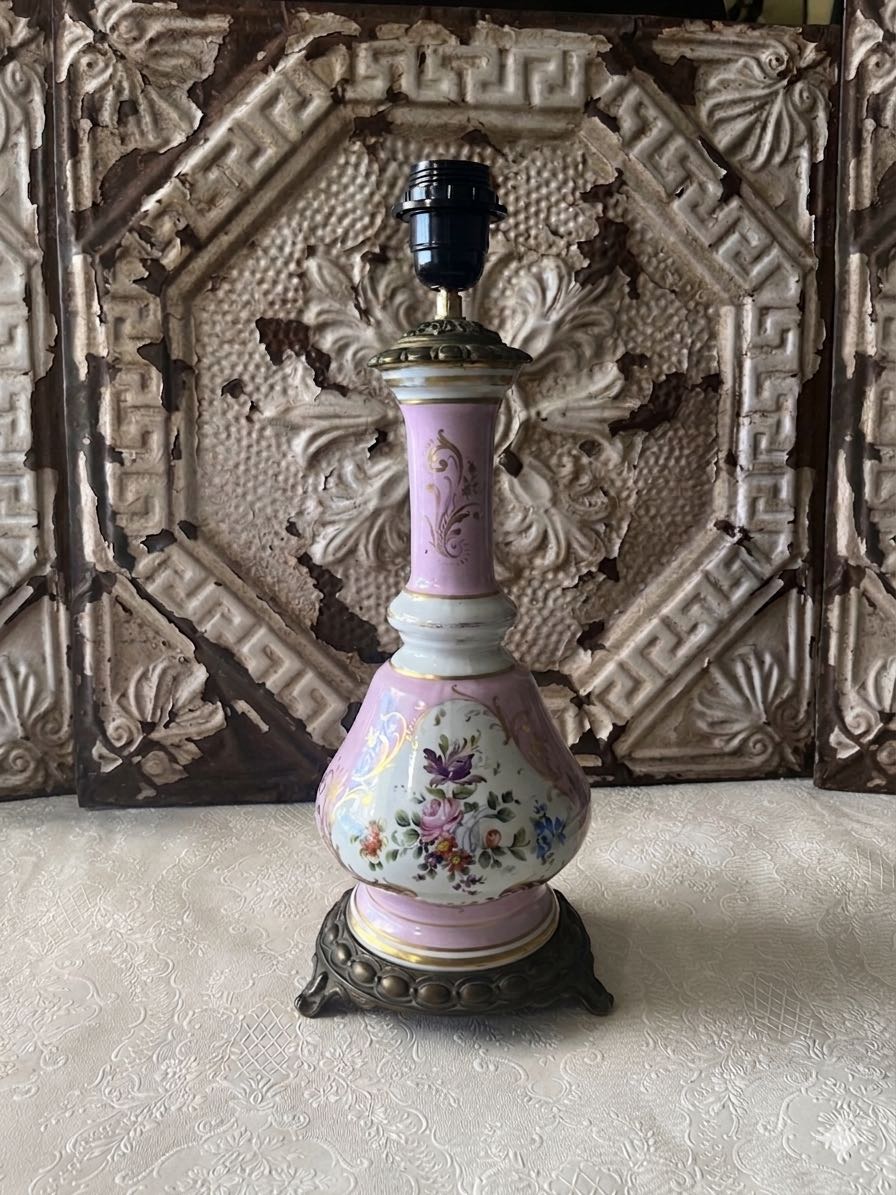 Beautiful French antique hand painted Lamp base, possibly limoge
