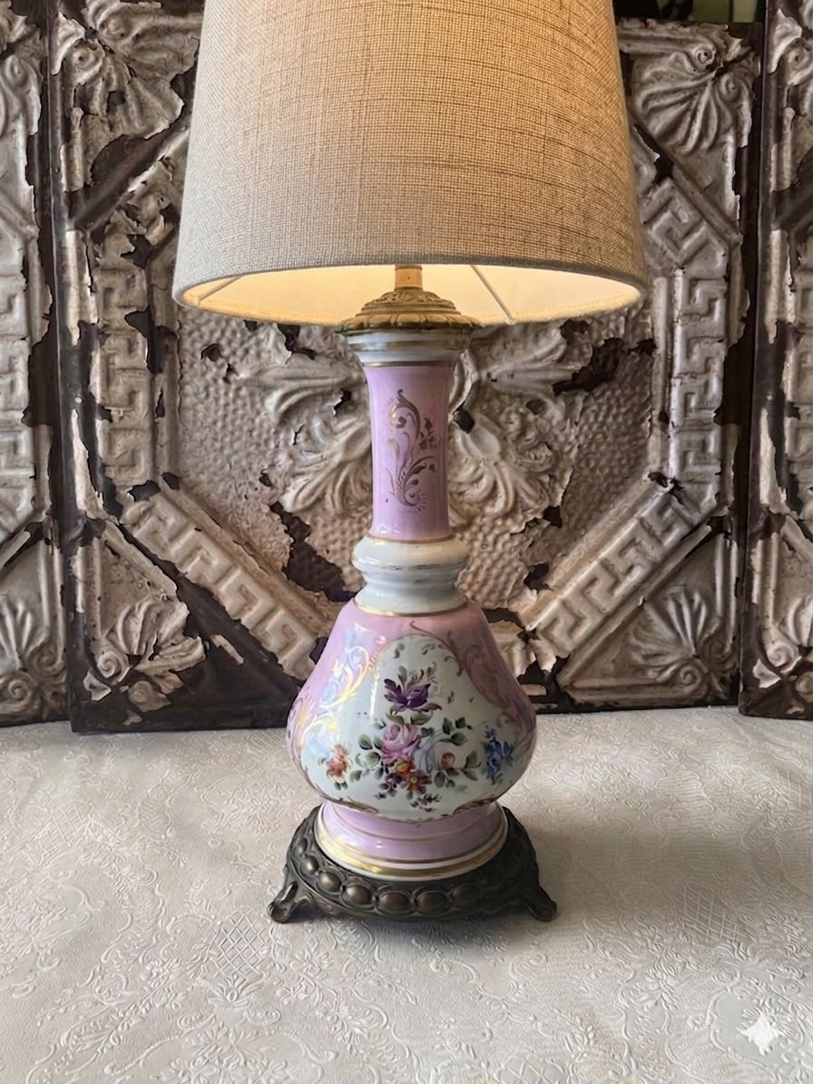 Beautiful French antique hand painted Lamp base, possibly limoge