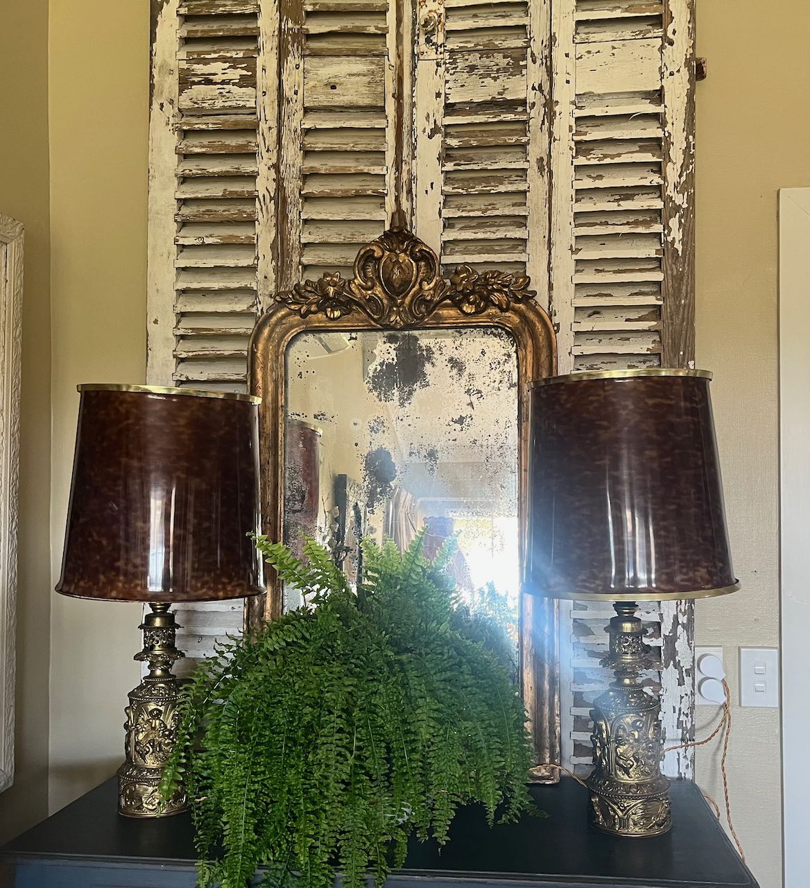  Napoleon III era (c. 1850–1870) moderator lamps, converted with tortoiseshell lampshades, possibly from Thomas Pearce &amp; Sons or Hadro