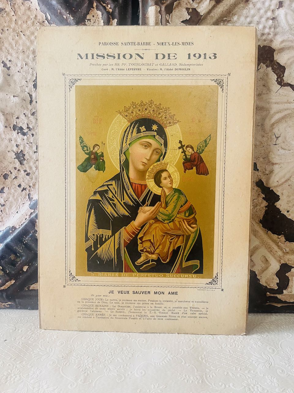 Small mounted French antique commemorative religious print (1913)