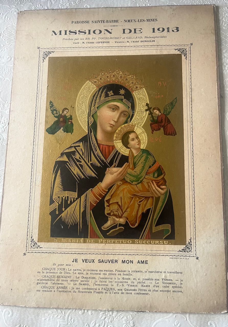 Small mounted French antique commemorative religious print (1913)
