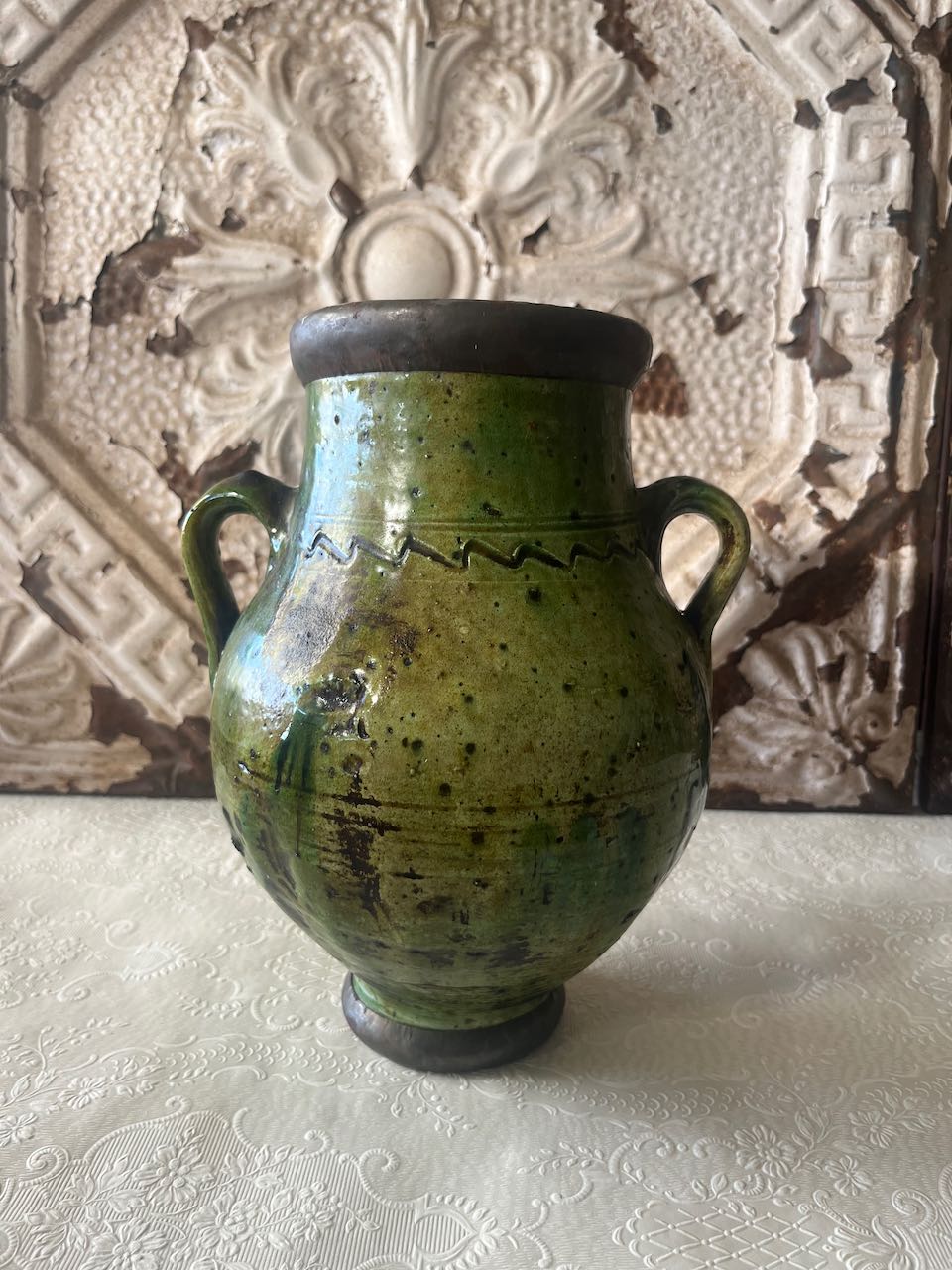 Authentic medium Tamegroute pottery  urn with rustic green glaze 