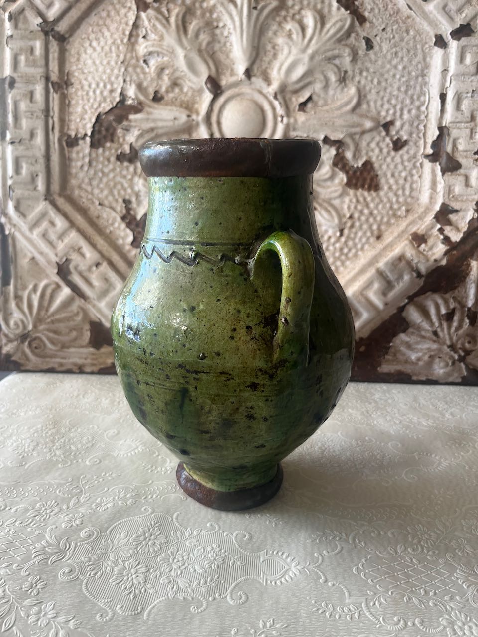 Authentic medium Tamegroute pottery  urn with rustic green glaze 