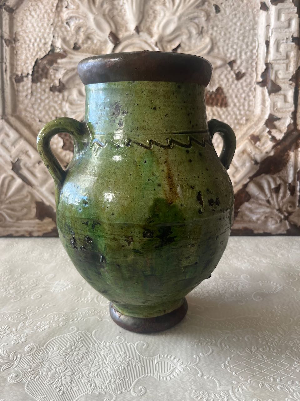 Authentic medium Tamegroute pottery  urn with rustic green glaze 